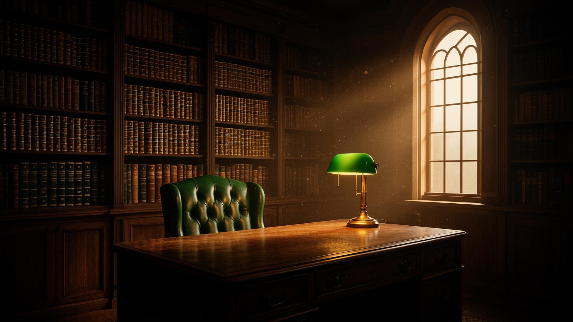 Traditional law library with mahogany shelves and green banker's lamp